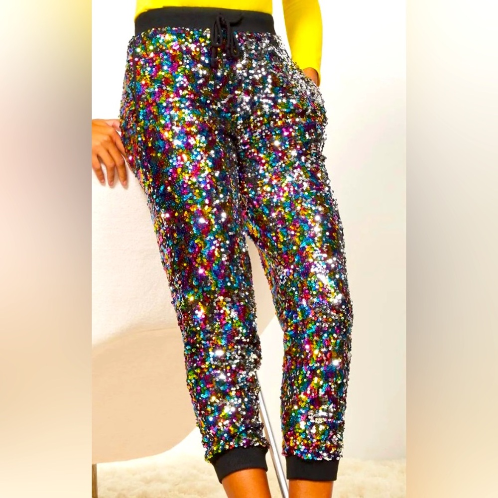 COPY - New York & Company rainbow sequin jogger ankle pants, medium women’s NWT